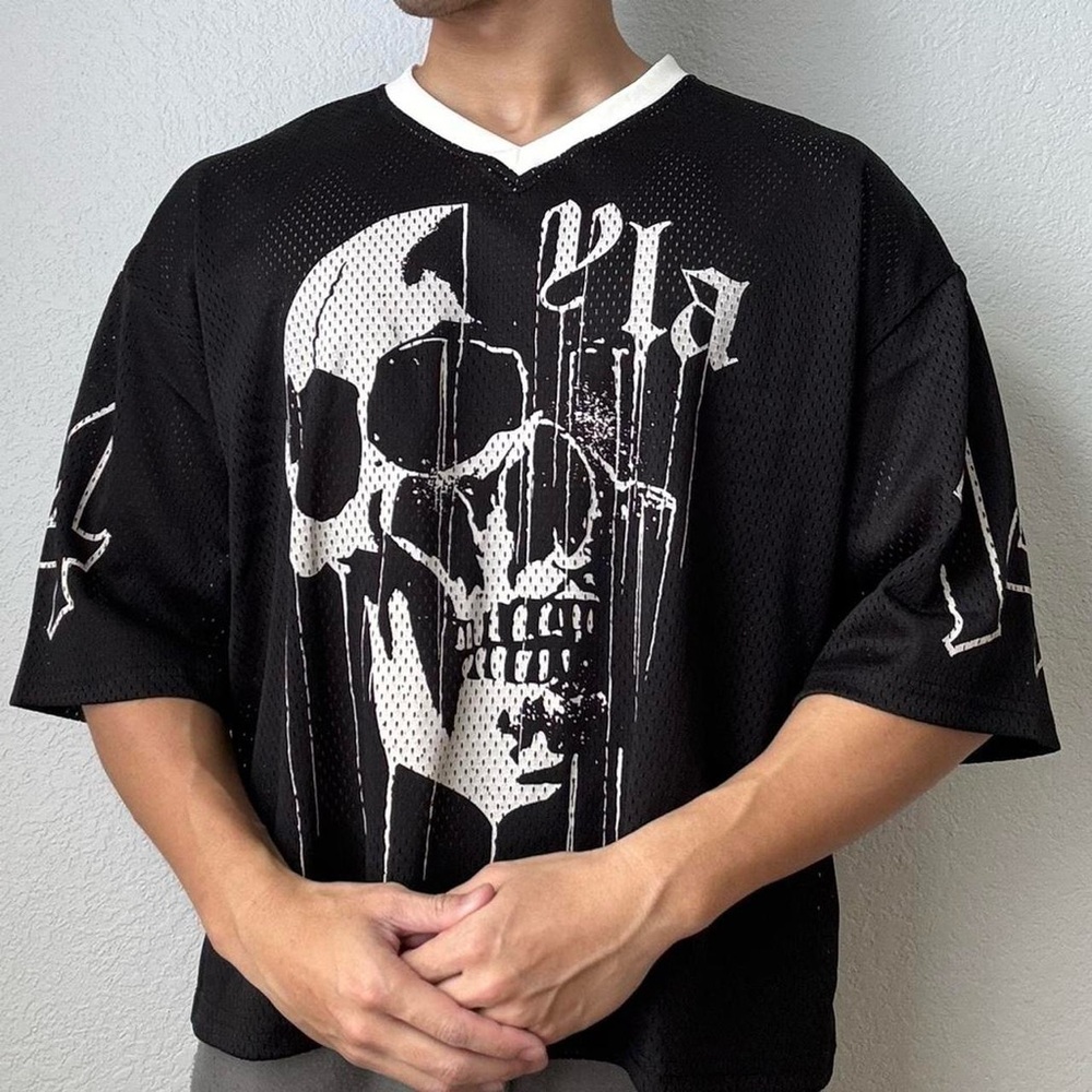 YoungLA Drippy Skull Meshed Graphics Boxy Black Jersey Shirt